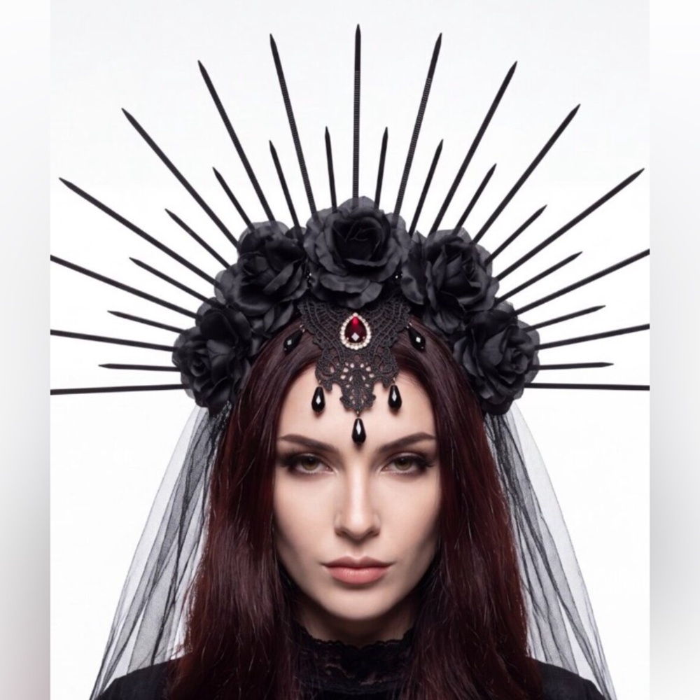 Black Spike Crown Floral Headband Hair Accessory- New
